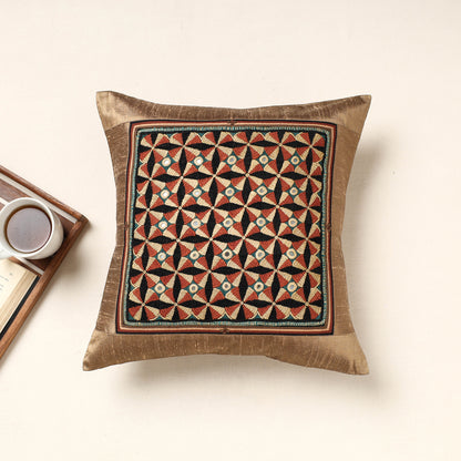 Brown - Kutch Jat Hand Embroidery Silk Cushion Cover (16 x 16 in)