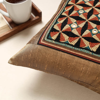 Brown - Kutch Jat Hand Embroidery Silk Cushion Cover (16 x 16 in)