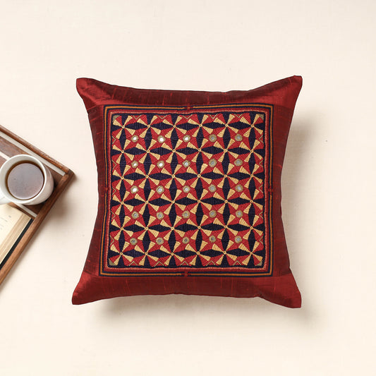 Maroon - Kutch Jat Hand Embroidery Silk Cushion Cover (16 x 16 in)