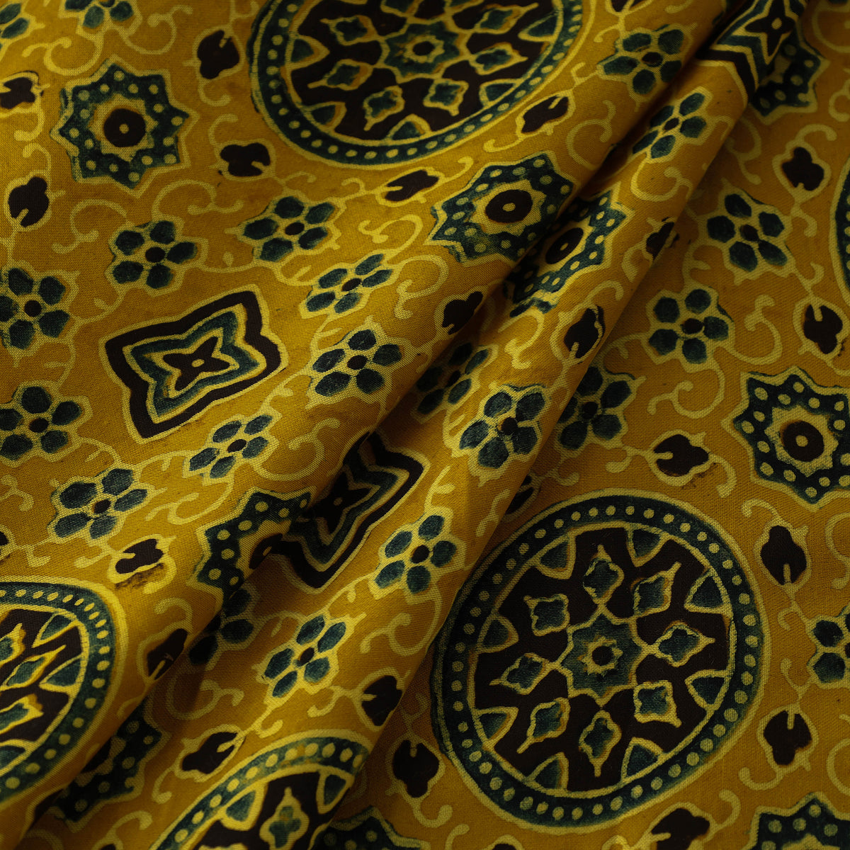 Yellow - Hand Block Printed Modal Silk Ajrakh Fabric 25