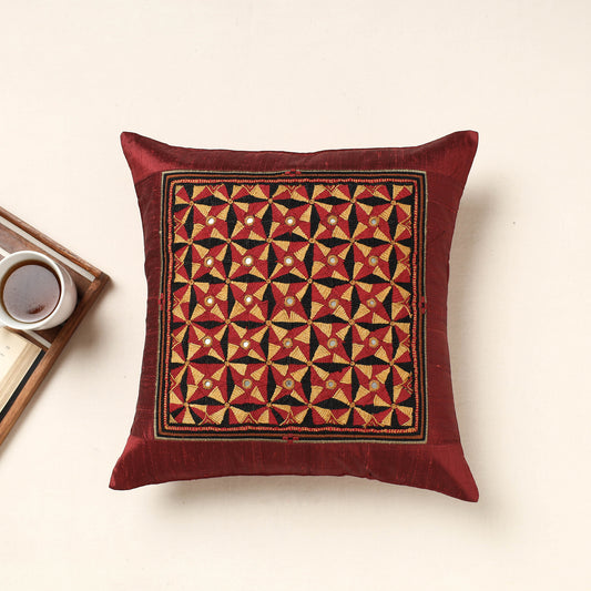Maroon - Kutch Jat Hand Embroidery Silk Cushion Cover (16 x 16 in)