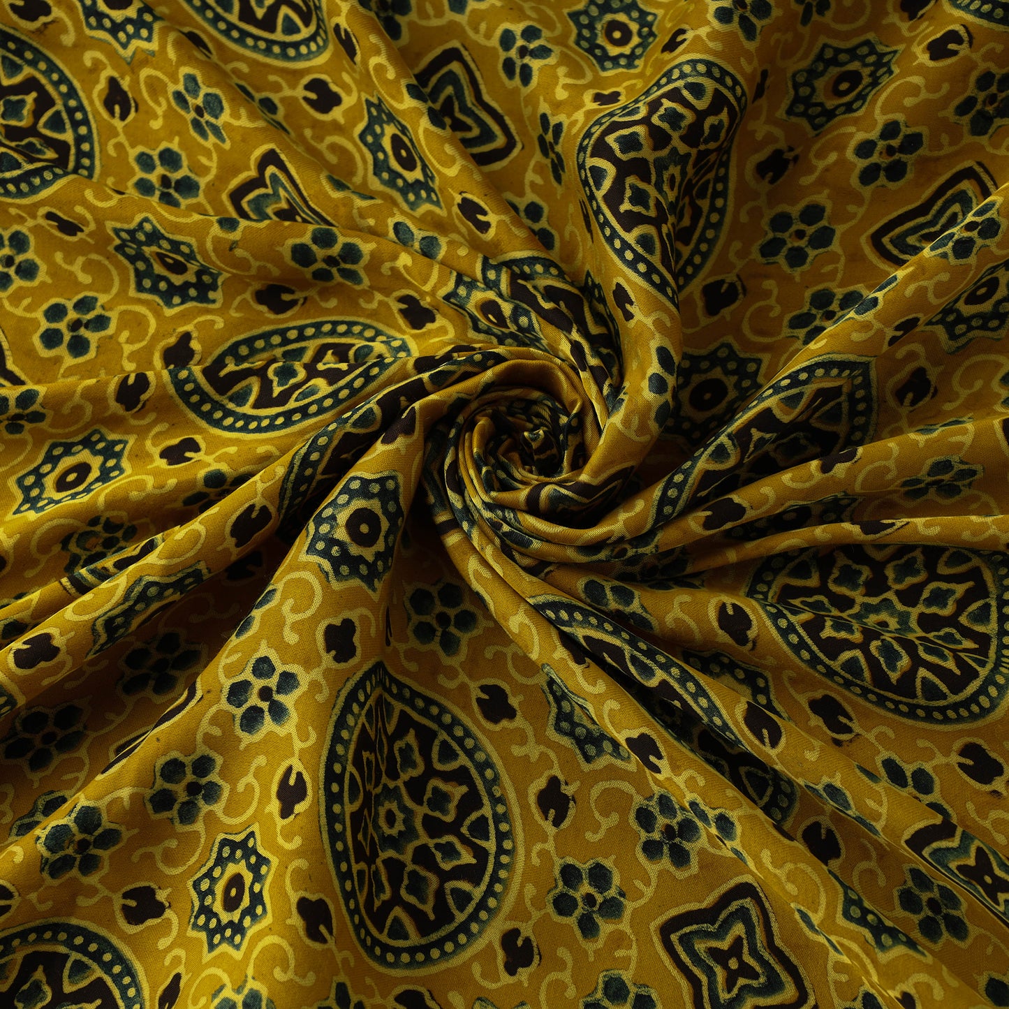 Yellow - Hand Block Printed Modal Silk Ajrakh Fabric 25