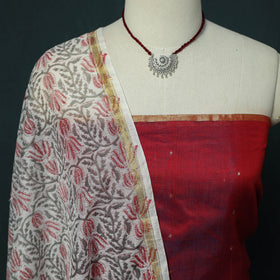Handloom Zari Buti Chanderi Silk 2pc Unstitched Dress Material Kurta Set with Jewellery 05