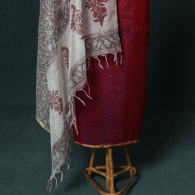 Handloom Zari Buti Chanderi Silk 2pc Unstitched Dress Material Kurta Set with Jewellery 05