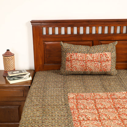Brown - Kalamkari Block Printed Patchwork Cotton Double Bed Cover With Pillow Covers (108 x 90 in)