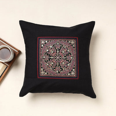 Black - Kutch Neran Hand Embroidery Cotton Cushion Cover (16 x 16 in)