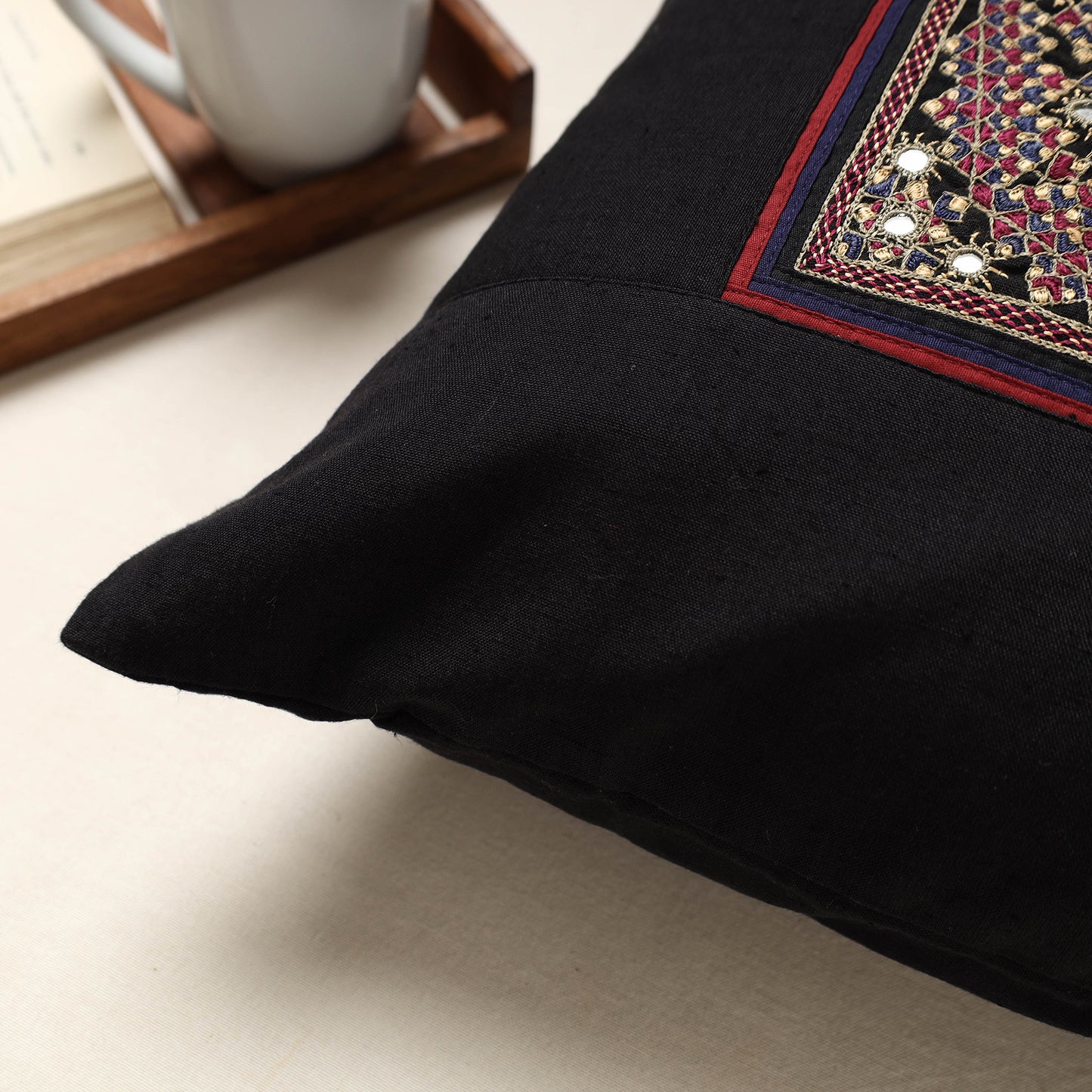Black - Kutch Neran Hand Embroidery Cotton Cushion Cover (16 x 16 in)