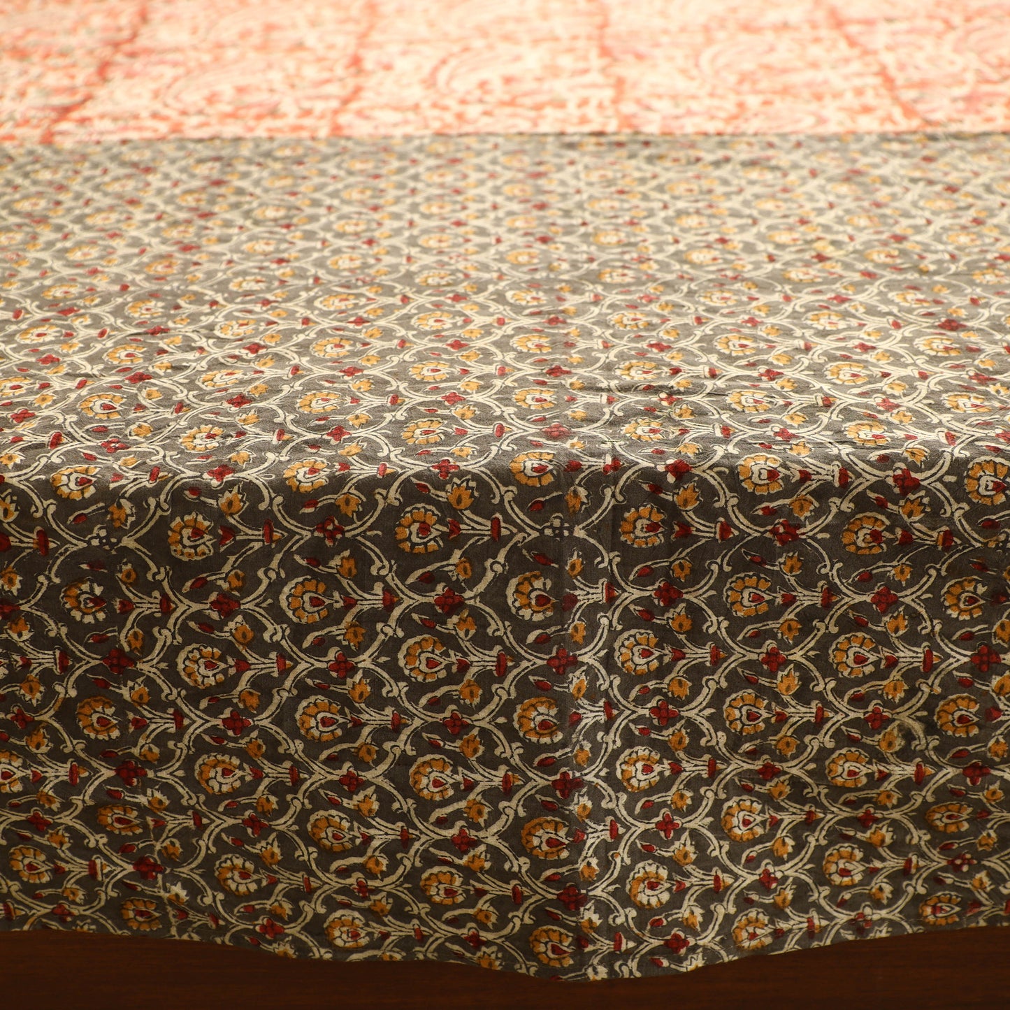 Brown - Kalamkari Block Printed Patchwork Cotton Double Bed Cover With Pillow Covers (108 x 90 in)