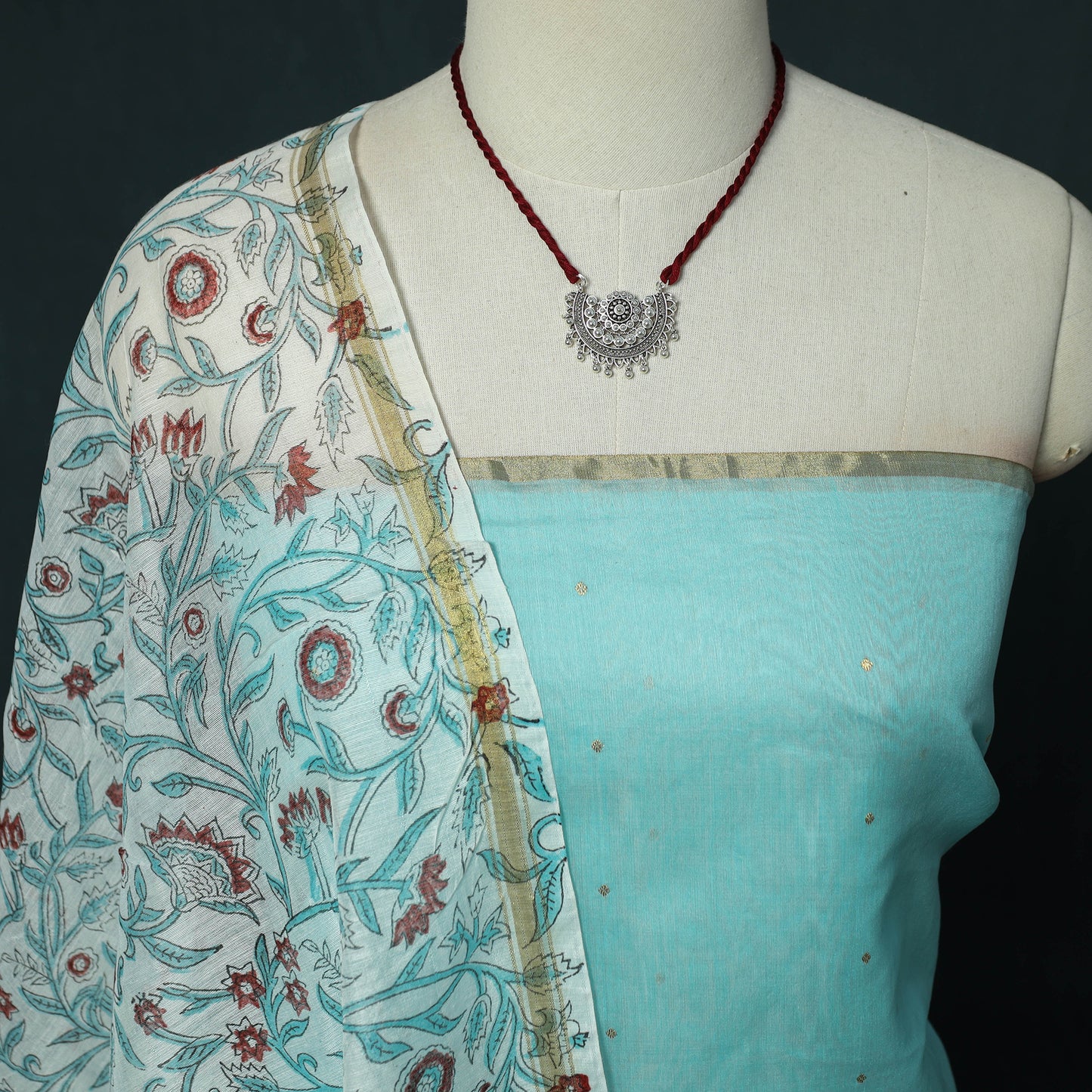 Handloom Zari Buti Chanderi Silk 2pc Unstitched Dress Material Kurta Set with Jewellery 06