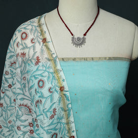 Handloom Zari Buti Chanderi Silk 2pc Unstitched Dress Material Kurta Set with Jewellery 06