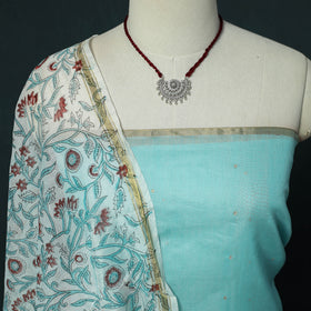 Handloom Zari Buti Chanderi Silk 2pc Unstitched Dress Material Kurta Set with Jewellery 07
