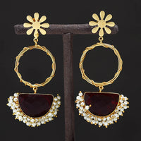 Golden Plated Seep Pearl & Onyx Natural Stone Earrings 01