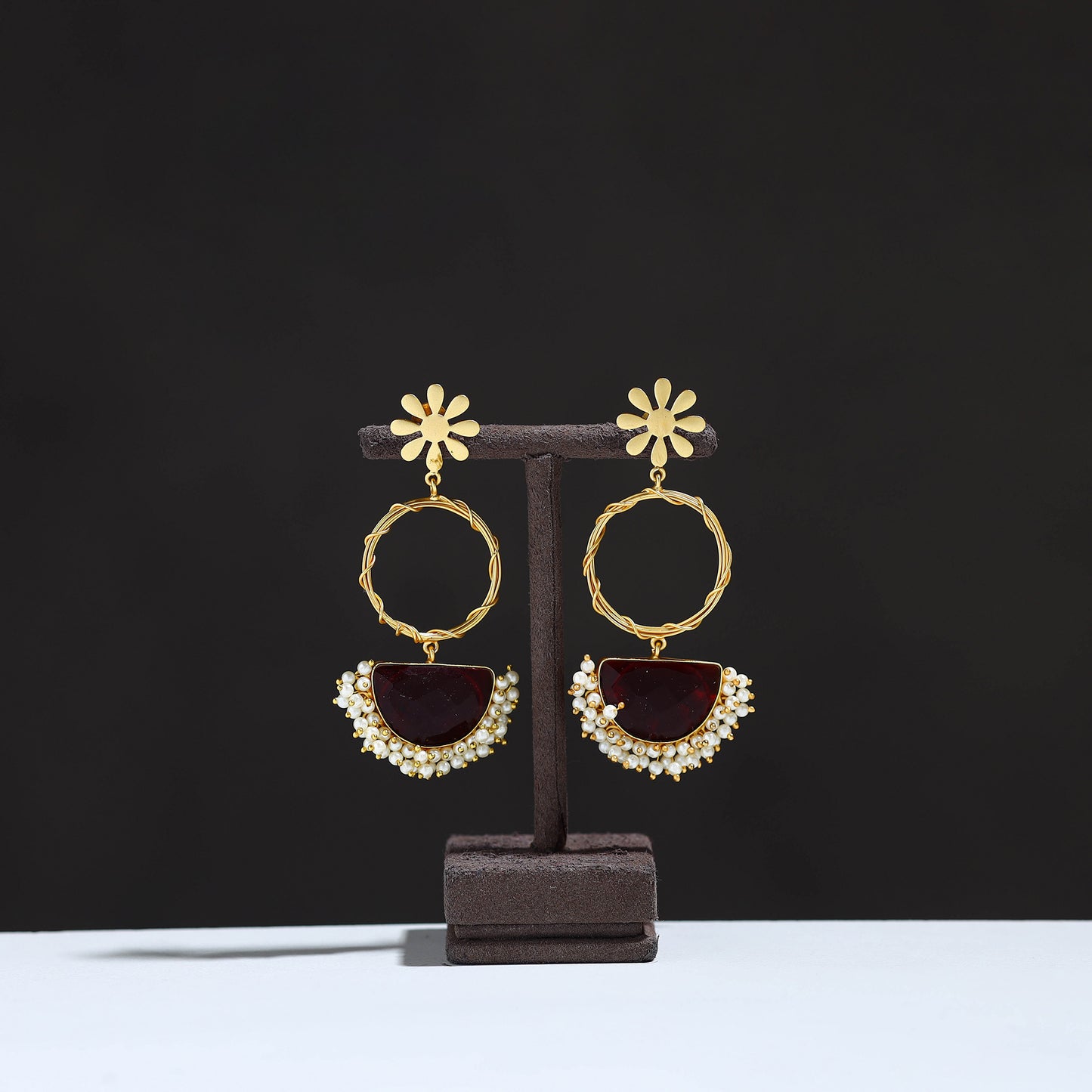 Golden Plated Seep Pearl & Onyx Natural Stone Earrings 01