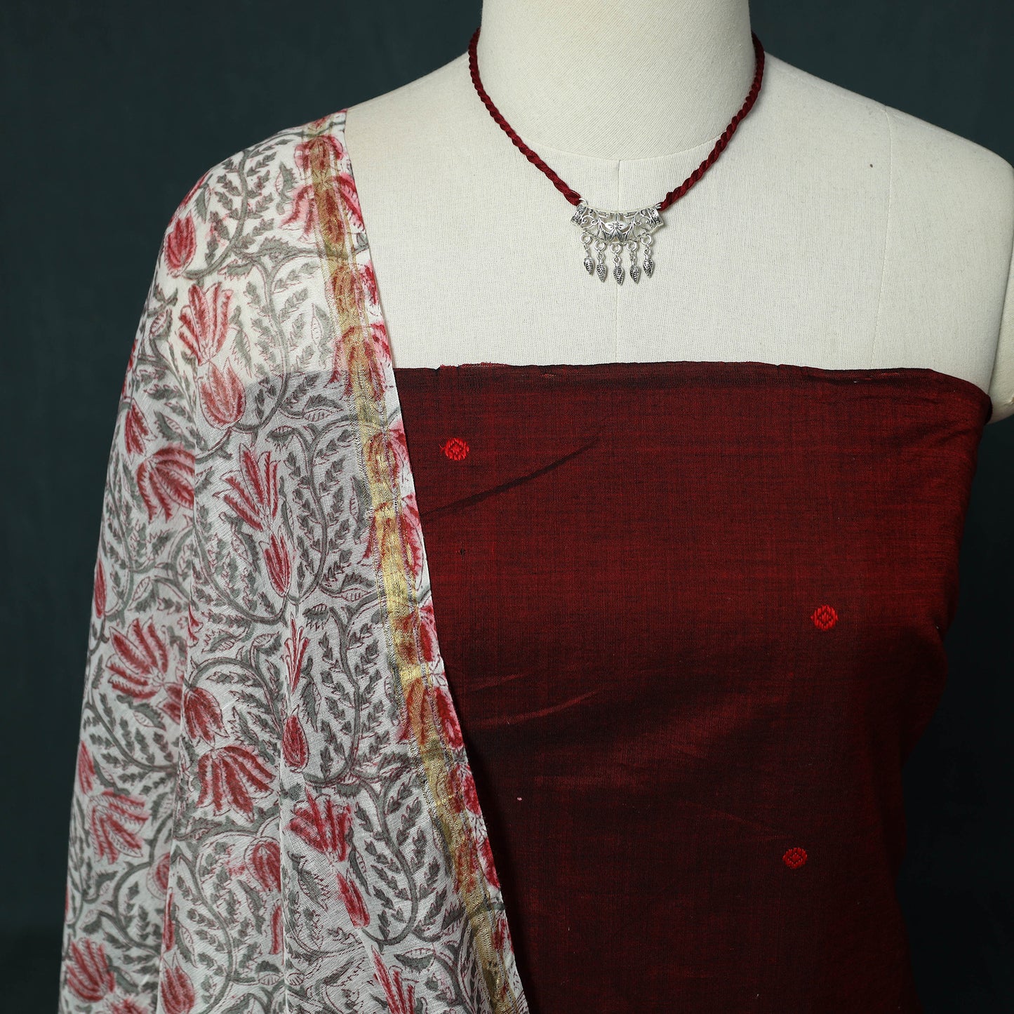 Handloom Mercerised Cotton Thread Buti Chanderi 2pc Unstitched Dress Material Kurta Set with Jewellery 08