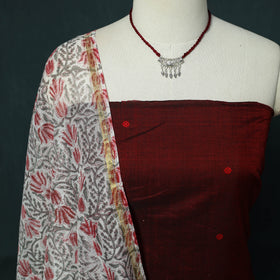 Handloom Mercerised Cotton Thread Buti Chanderi 2pc Unstitched Dress Material Kurta Set with Jewellery 08
