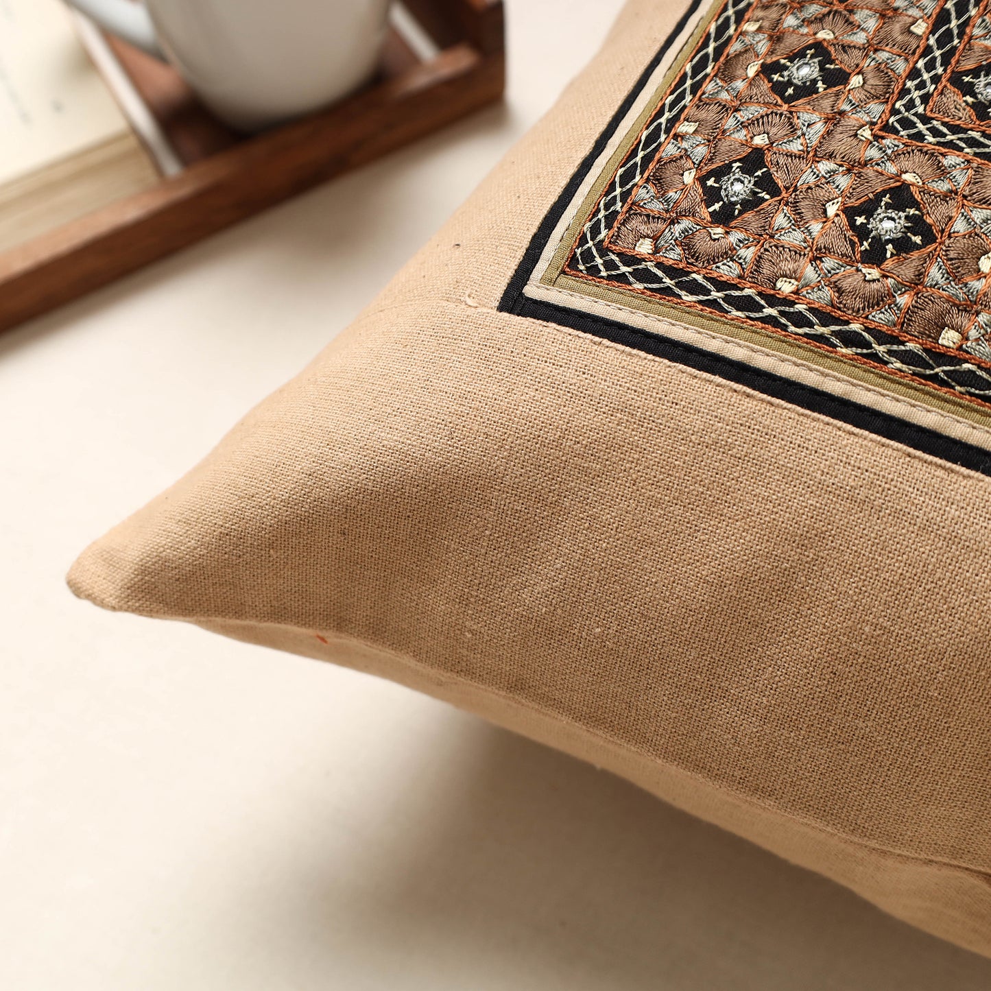 Beige - Kutch Neran Hand Embroidery Cotton Cushion Cover (16 x 16 in)
