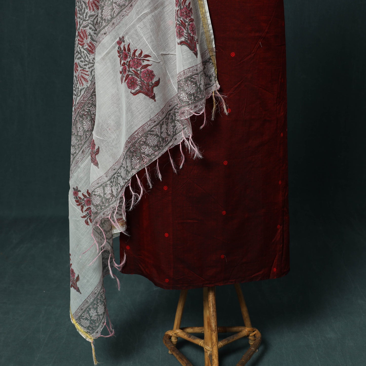 Handloom Mercerised Cotton Thread Buti Chanderi 2pc Unstitched Dress Material Kurta Set with Jewellery 08