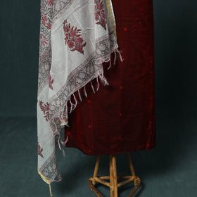 Handloom Mercerised Cotton Thread Buti Chanderi 2pc Unstitched Dress Material Kurta Set with Jewellery 08