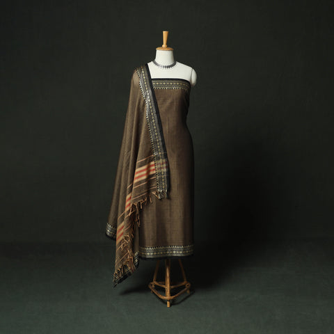 Brown - Dharwad Woven Mercerised Cotton 3pc Unstitched Dress Material Suit Set 10