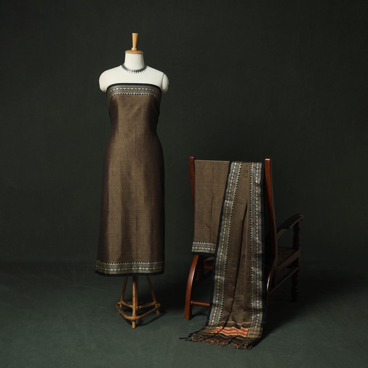 Brown - Dharwad Woven Mercerised Cotton 3pc Unstitched Dress Material Suit Set 10