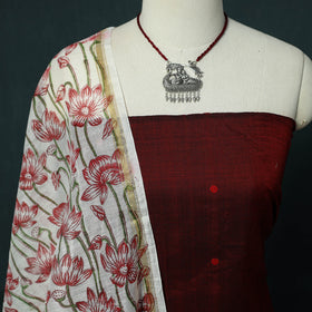 Handloom Mercerised Cotton Thread Buti Chanderi 2pc Unstitched Dress Material Kurta Set with Jewellery 09