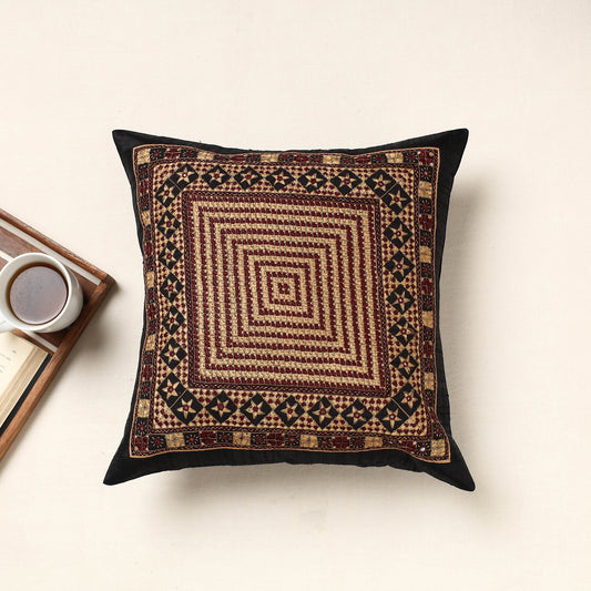Black - Kutch Neran Hand Embroidery Silk Cushion Cover (16 x 16 in)