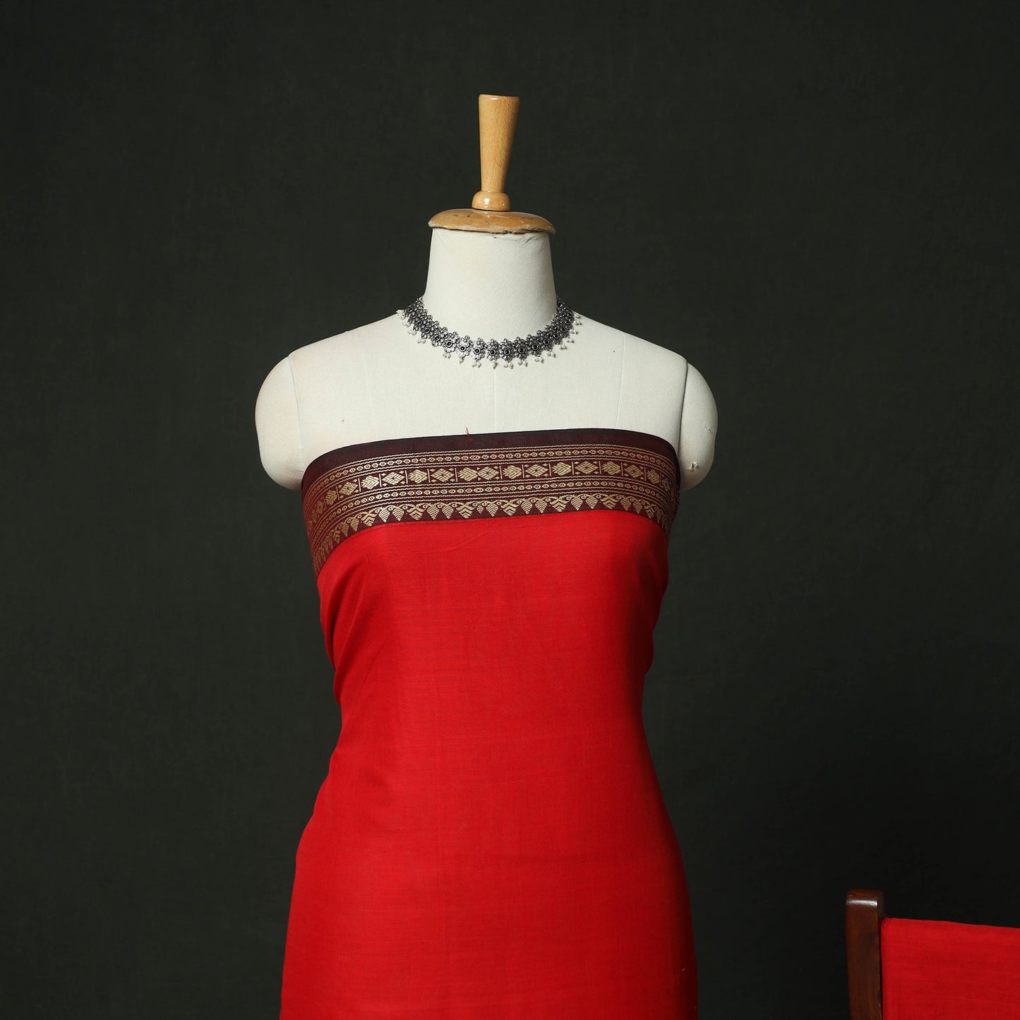 Red - Dharwad Woven Mercerised Cotton 3pc Unstitched Dress Material Suit Set 11
