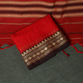 Red - Dharwad Woven Mercerised Cotton 3pc Unstitched Dress Material Suit Set 11