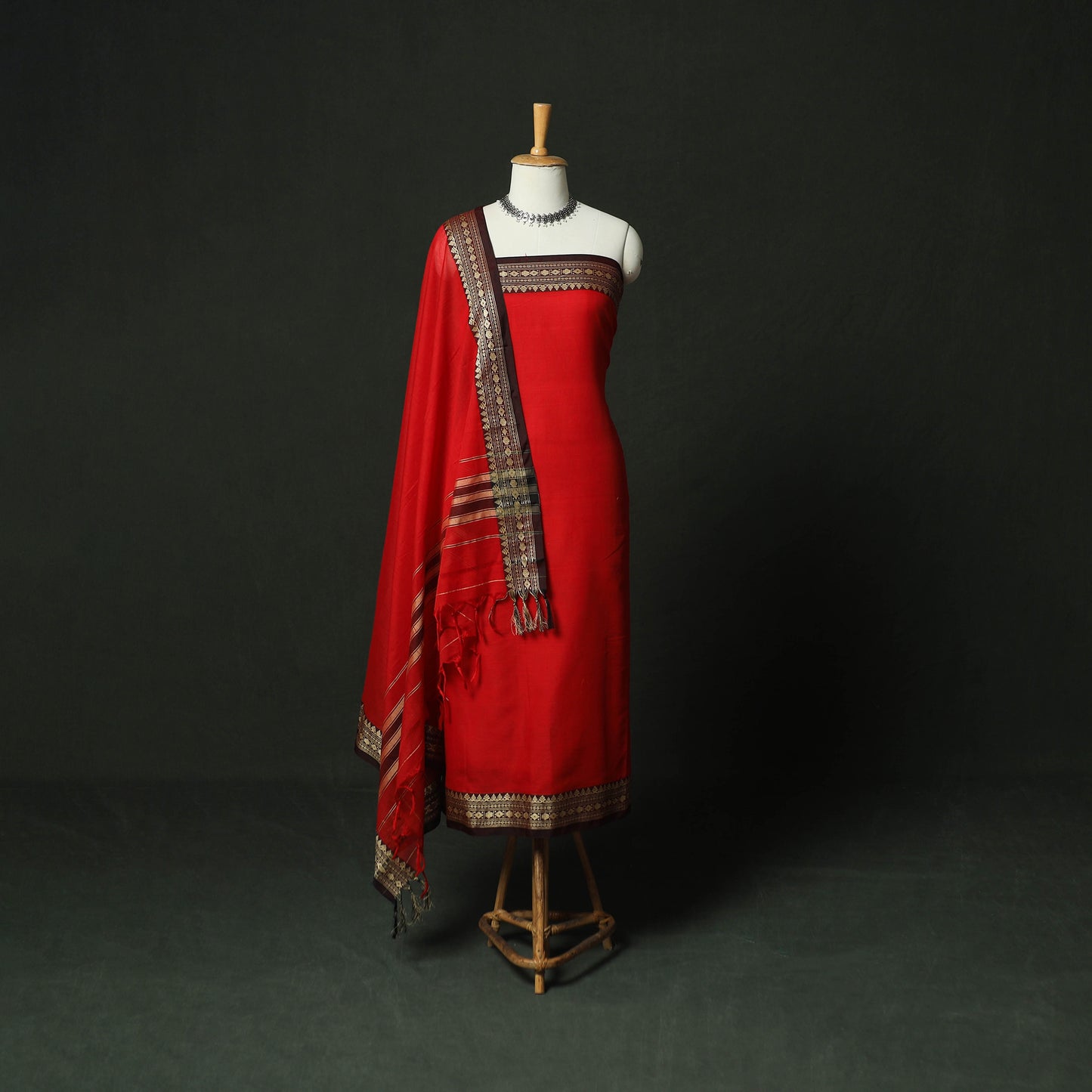 Red - Dharwad Woven Mercerised Cotton 3pc Unstitched Dress Material Suit Set 11