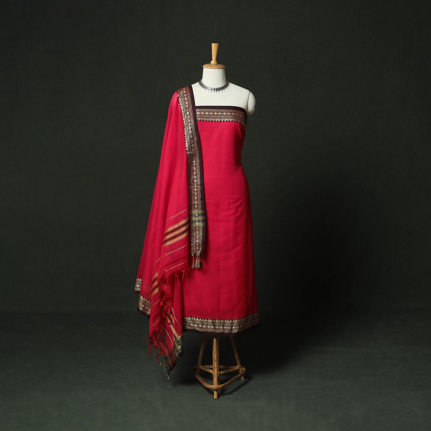 Red - Dharwad Woven Mercerised Cotton 3pc Unstitched Dress Material Suit Set 12
