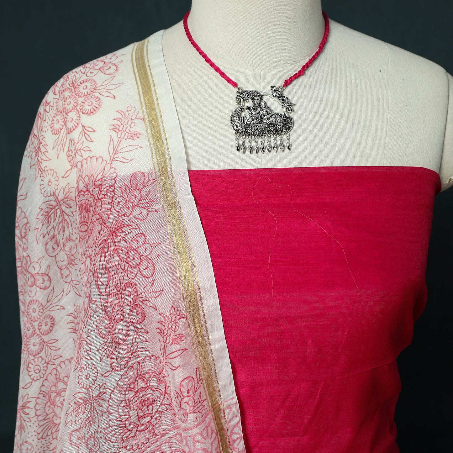 Handloom Chanderi Silk 2pc Unstitched Dress Material Kurta Set with Jewellery 12