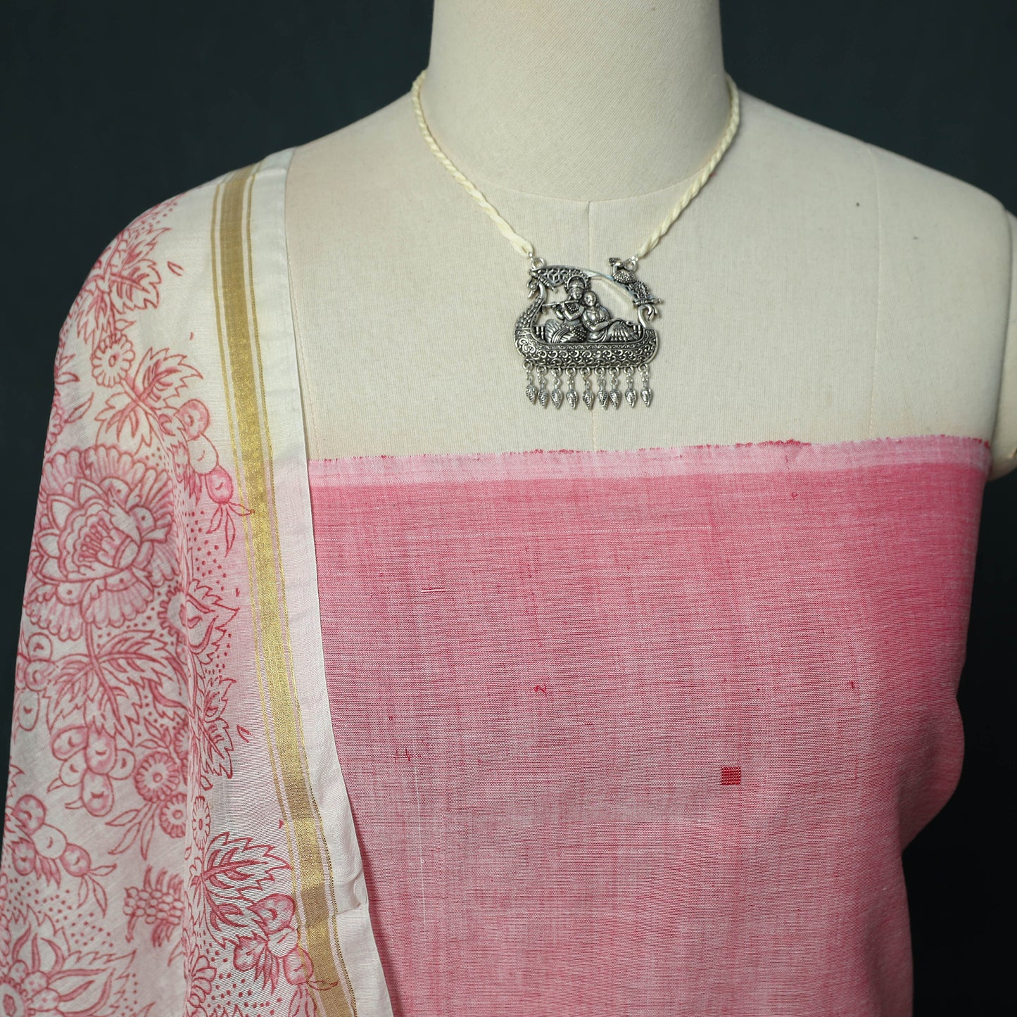 Handloom Mercerised Cotton Thread Buti Chanderi 2pc Unstitched Dress Material Kurta Set with Jewellery 13
