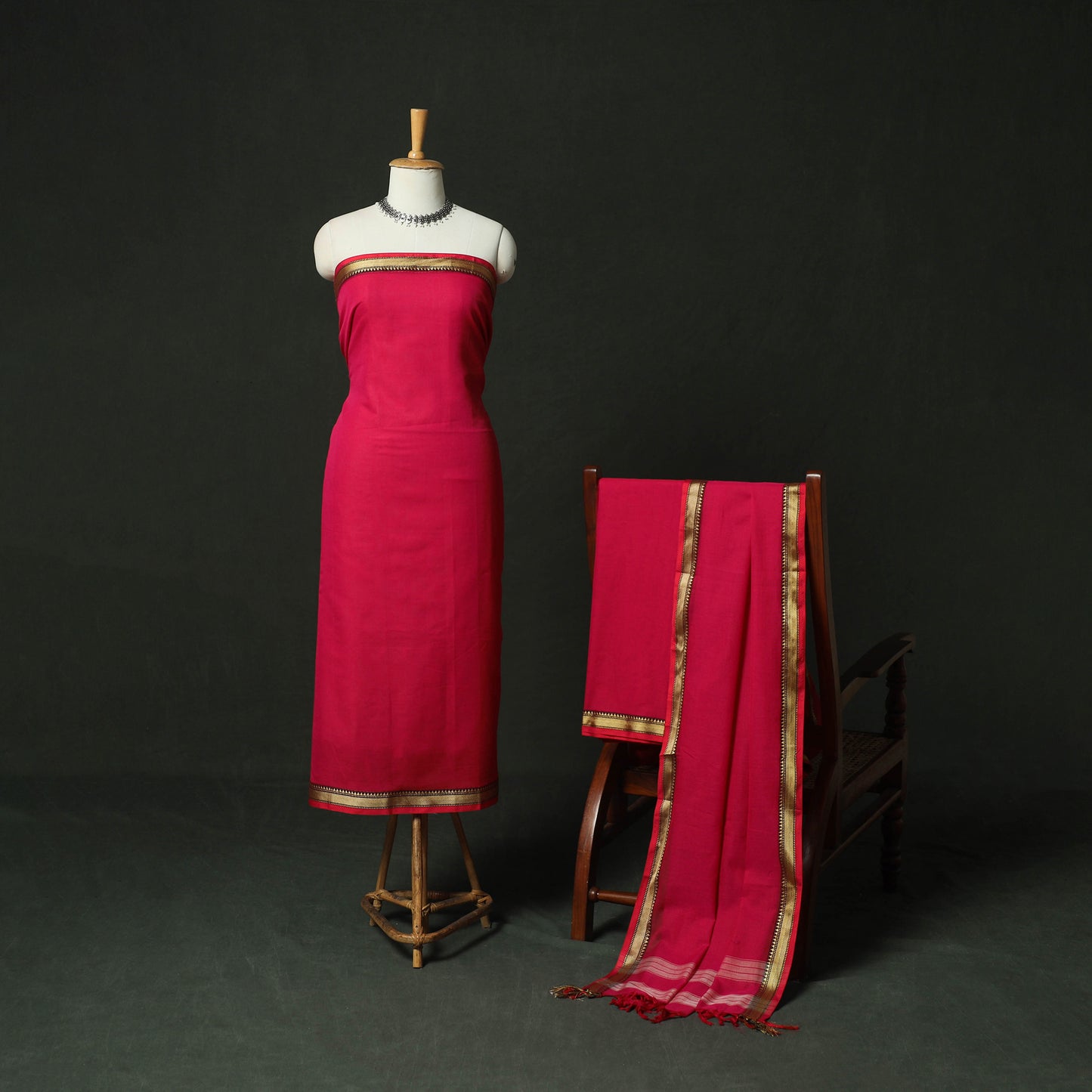 Pink - Dharwad Woven Mercerised Cotton 3pc Unstitched Dress Material Suit Set 14