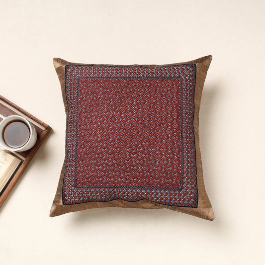 Brown - Kutch Neran Hand Embroidery Silk Cushion Cover (16 x 16 in)