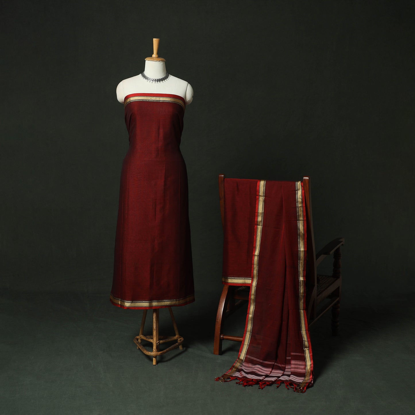 Red - Dharwad Woven Mercerised Cotton 3pc Unstitched Dress Material Suit Set 15