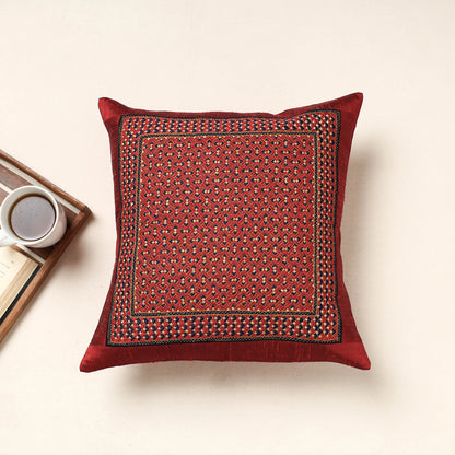 Red - Kutch Neran Hand Embroidery Silk Cushion Cover (16 x 16 in)