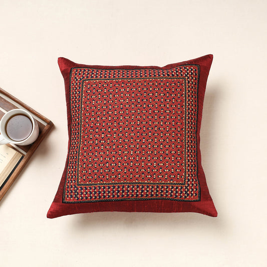 Red - Kutch Neran Hand Embroidery Silk Cushion Cover (16 x 16 in)