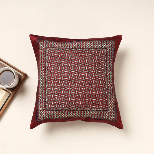 Maroon - Kutch Neran Hand Embroidery Silk Cushion Cover (16 x 16 in)