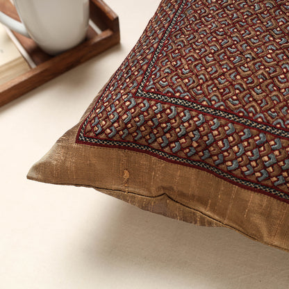 Brown - Kutch Neran Hand Embroidery Silk Cushion Cover (16 x 16 in)
