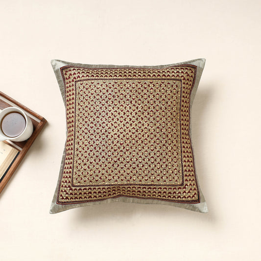 Grey - Kutch Neran Hand Embroidery Silk Cushion Cover (16 x 16 in)