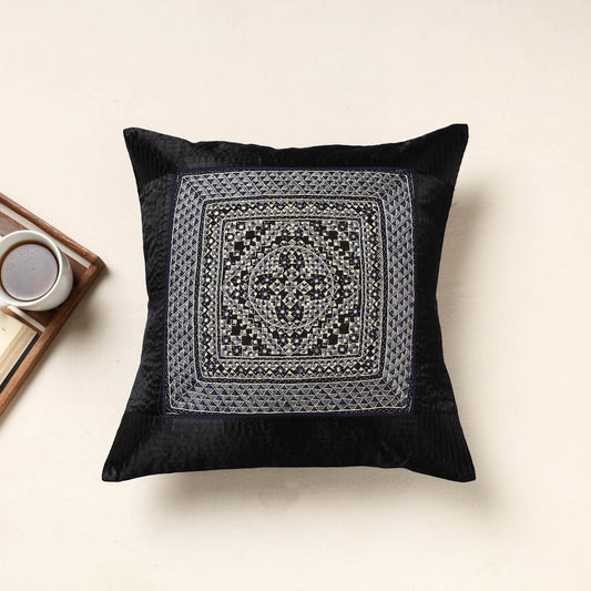 Black - Kutch Neran Hand Embroidery Mashru Silk Cushion Cover (16 x 16 in)