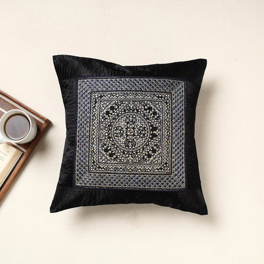 Black - Kutch Neran Hand Embroidery Mashru Silk Cushion Cover (16 x 16 in)