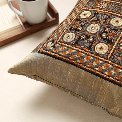 Brown - Kutch Pakko Hand Embroidery Silk Cushion Cover (16 x 16 in)