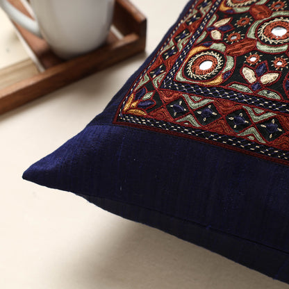 Blue - Kutch Pakko Hand Embroidery Silk Cushion Cover (16 x 16 in)