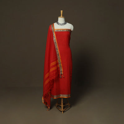 Dharwad Checks Mercerised Cotton 3pc Unstitched Dress Material Suit Set with Woven Border 02