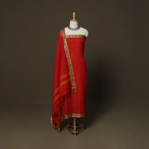 Red - Dharwad Checks Mercerised Cotton 3pc Unstitched Dress Material Suit Set with Woven Border 02