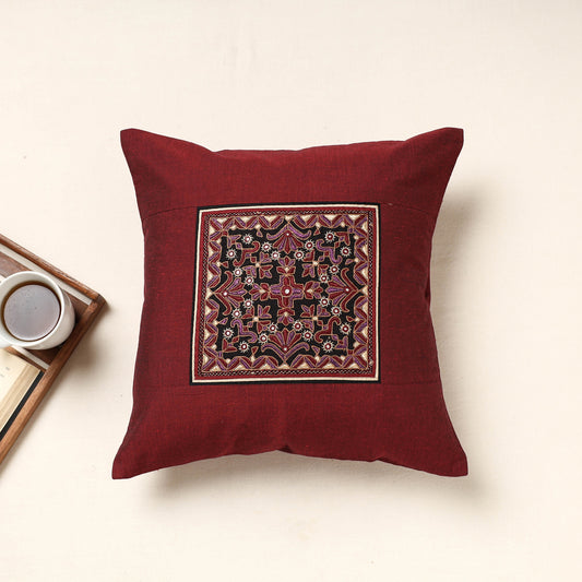 Maroon - Kutch Pakko Hand Embroidery Cotton Cushion Cover (16 x 16 in)