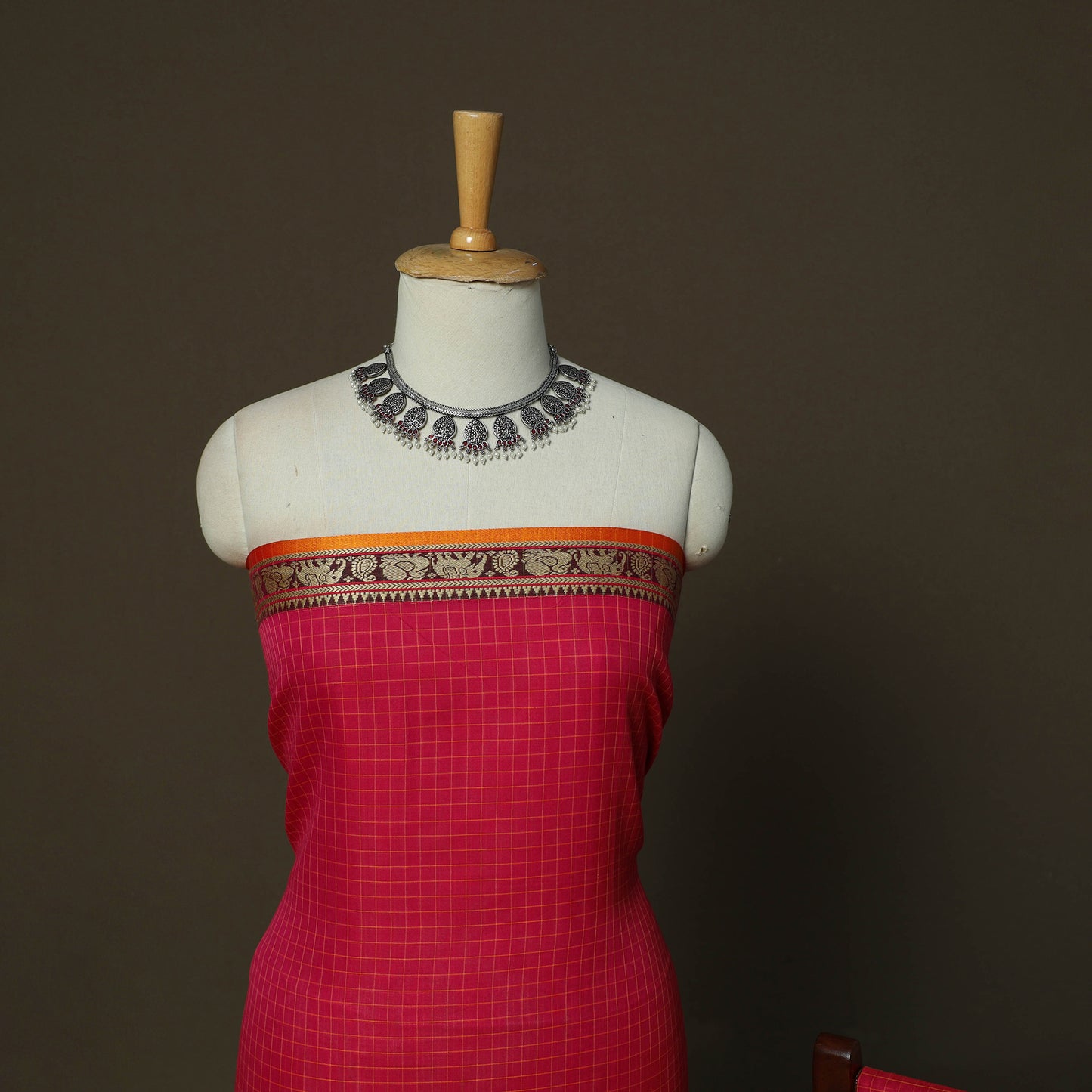 Dharwad Checks Mercerised Cotton 3pc Unstitched Dress Material Suit Set with Woven Border 03