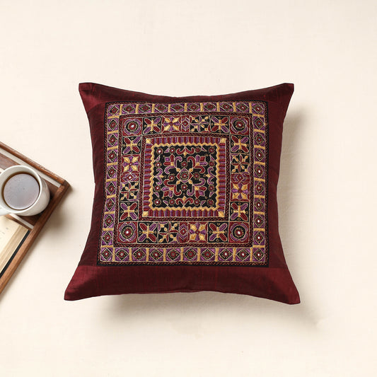 Maroon - Kutch Pakko Hand Embroidery Silk Cushion Cover (16 x 16 in)