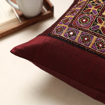 Maroon - Kutch Pakko Hand Embroidery Silk Cushion Cover (16 x 16 in)